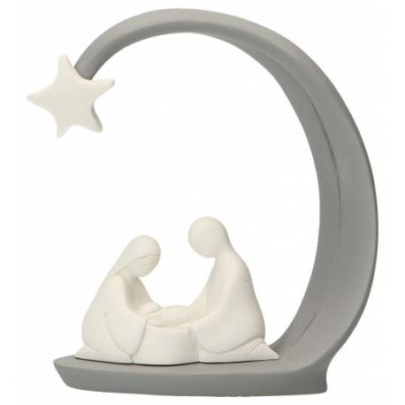 Nativité en résine blanche avec arc gris (13x13 cm)