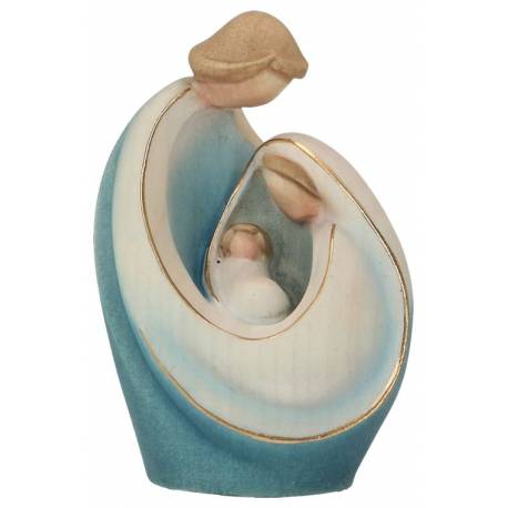 Sainte Famille en bois sculpté - 10 cm - blanc et bleu