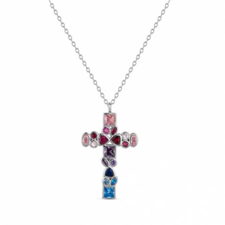 Gerhodineerd zilver Kruisje met veelkleurige zirkonen + ketting 