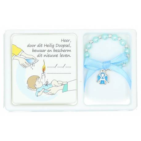 Set bracelet bleu sur élast + cadre baptême + Boîte