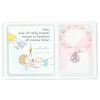 Set bracelet rose sur élast + cadre baptême + Boîte