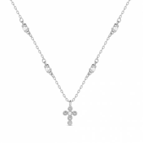 Chaîne avec perles en argent rhodié et croix avec zircons