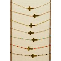 Verguld stalen schakelarmband met Miyuki kralen en kruisje 