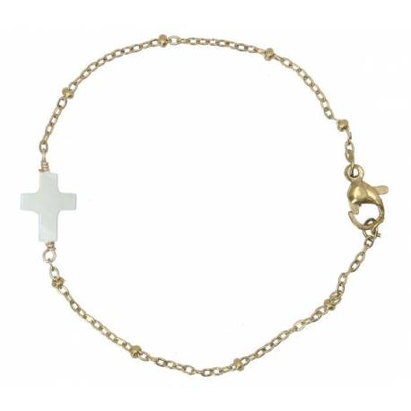 Verguld stalen armband met parelmoer kruis 