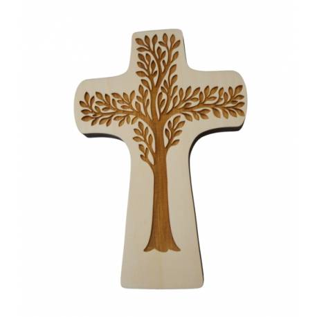 Houten kruis, levensboom, 21 x 14 cm 