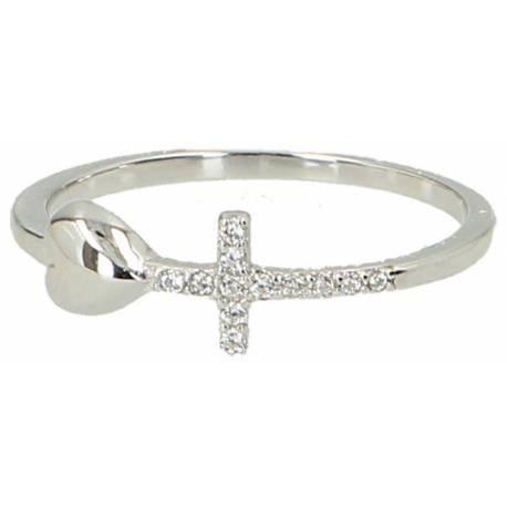 Bague en argent rhodié avec croix et coeur en zircon