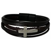 Armband leder bruin / zwart + verzilverd kruisje 