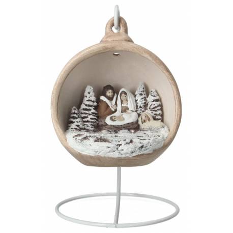 Kerststal in een sepia keramiek kerstbol 12 cm 